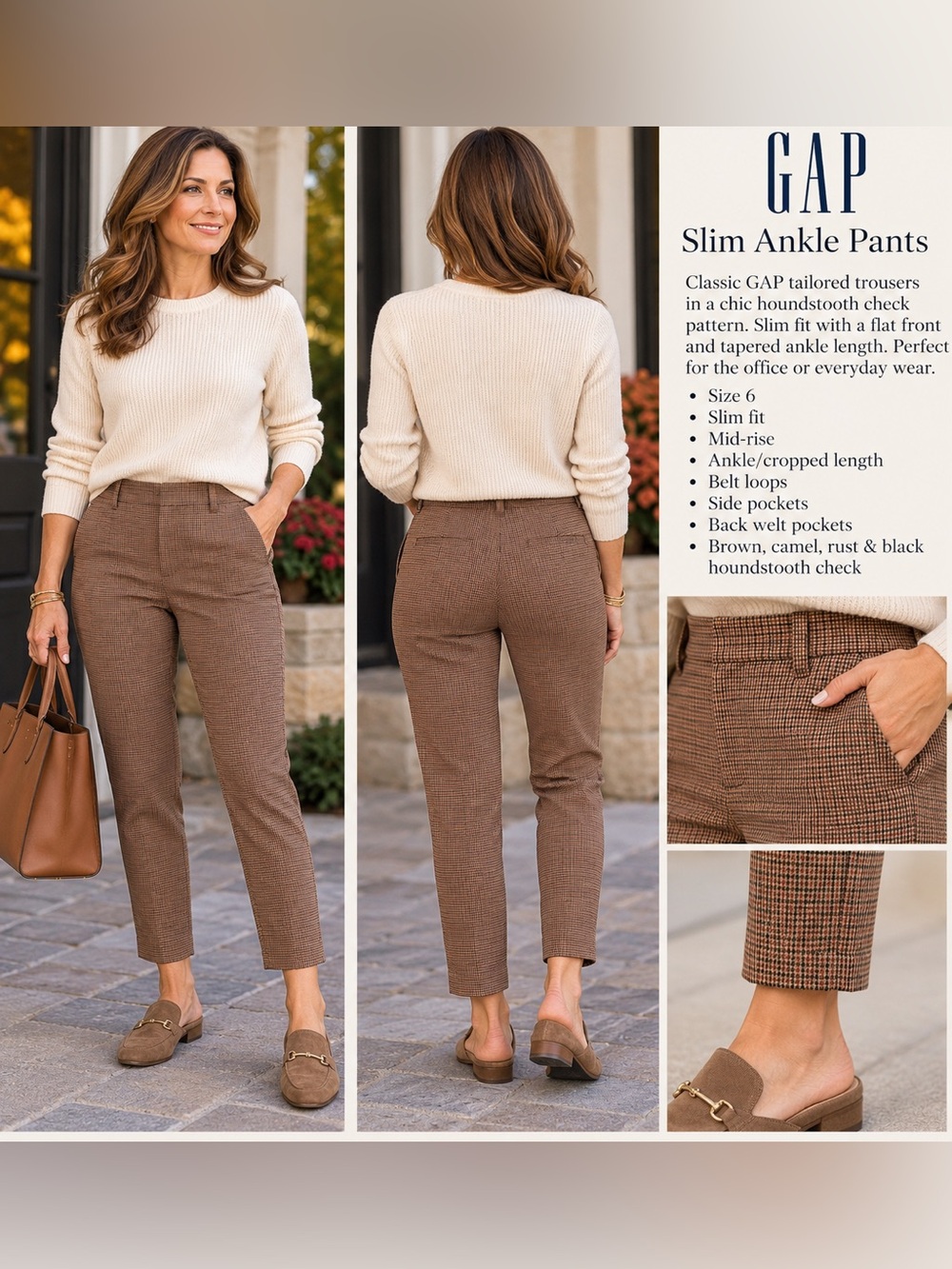 GAP Slim Ankle Pants Houndstooth Brown & Orange Size 6